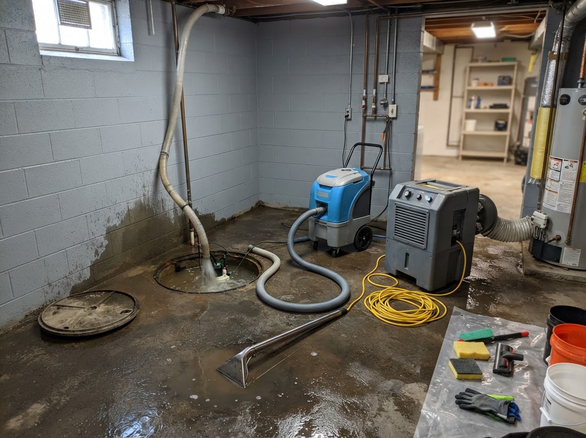 Sump pump pit in a basement with extraction equipment removing standing water