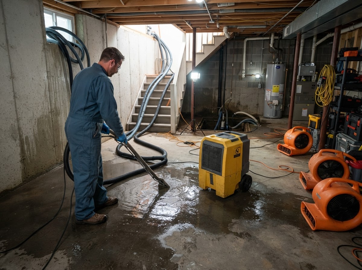 Restoration technician operating drying equipment after a sump pump failure