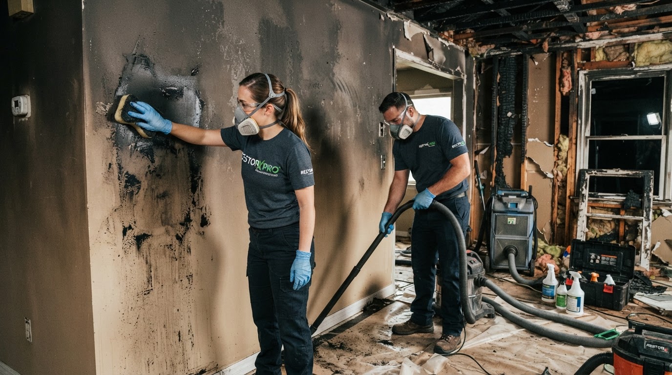 Technicians cleaning soot and smoke residue inside a Monroe-area home