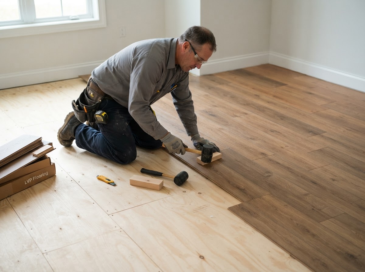 Flooring installation and flooring replacement in Charlotte — installer laying luxury vinyl plank flooring