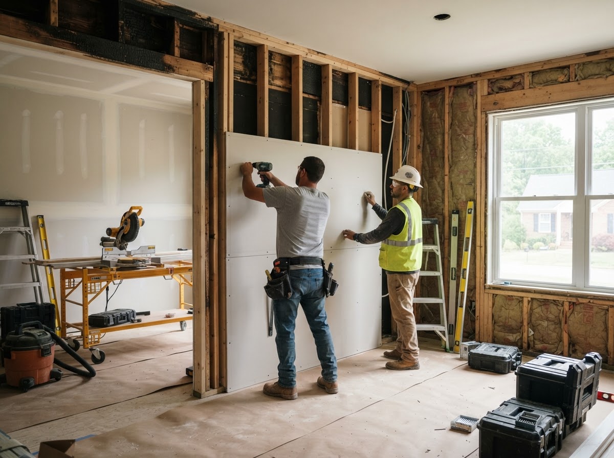 Contractors installing new wallboard during fire damage reconstruction