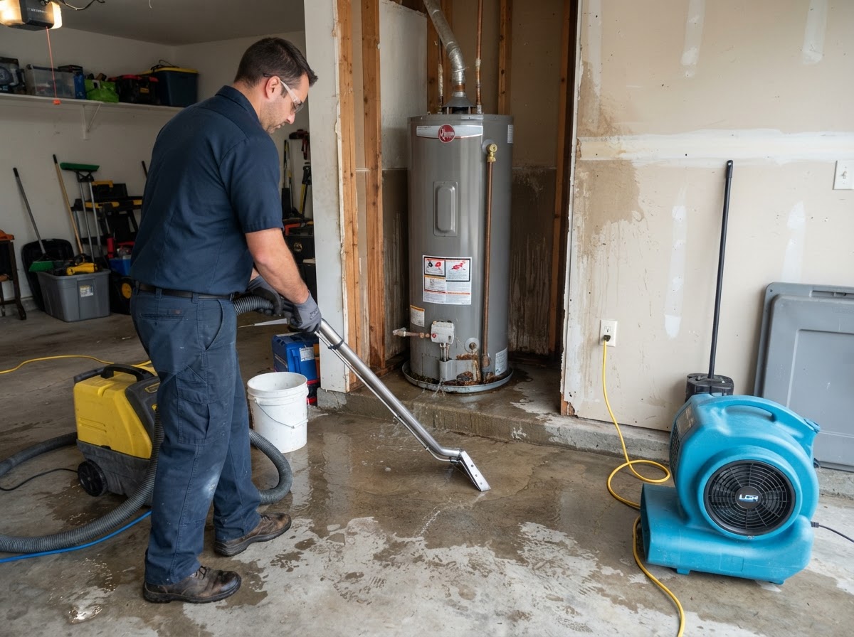 Restoration technician operating extraction equipment after a water heater failure