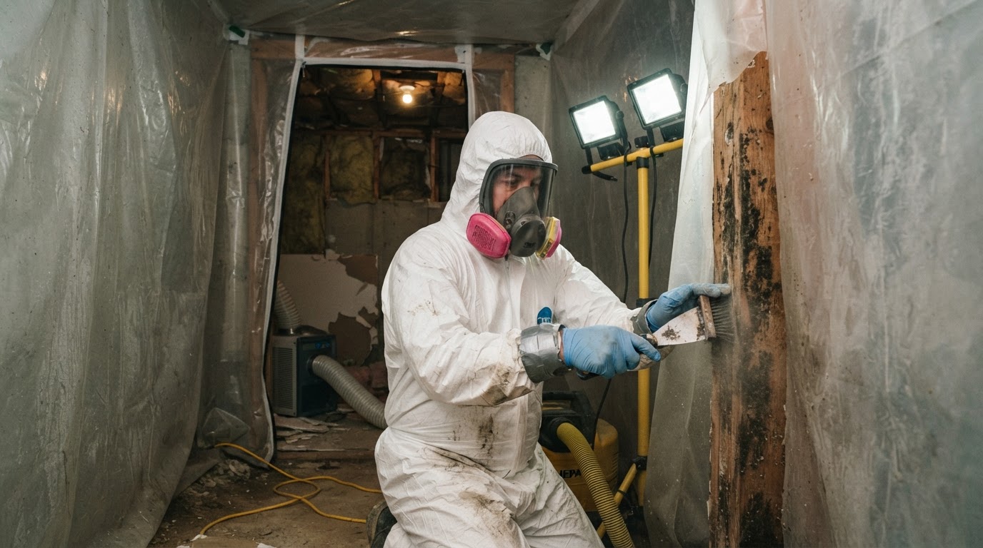 Mold remediation technician in PPE working inside a contained residential area