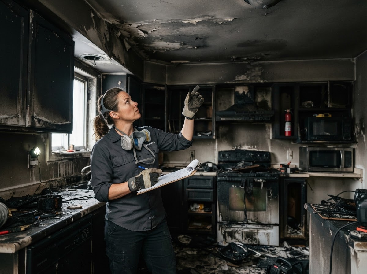 Fire and smoke damage restoration in Charlotte — technician evaluating soot-stained walls after a fire