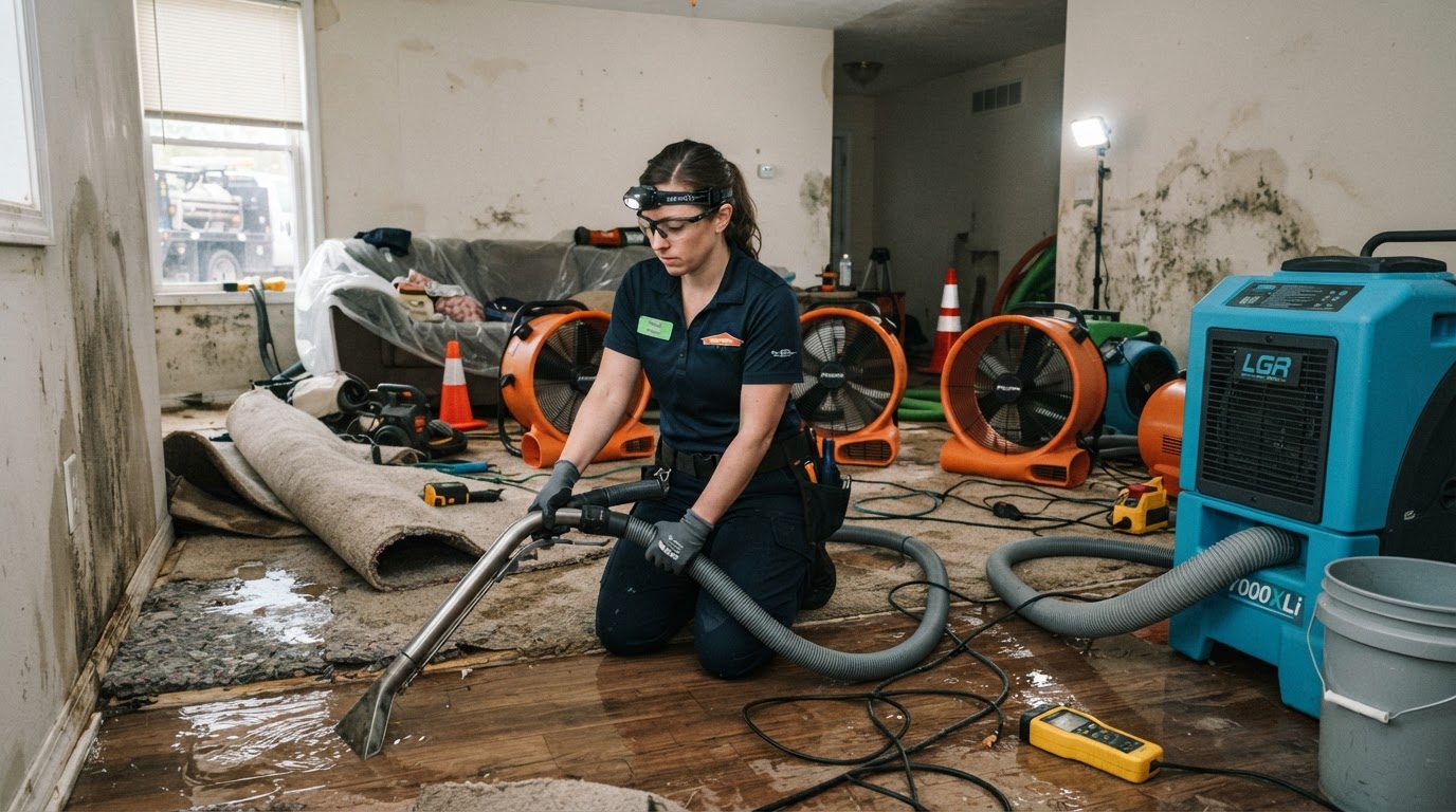 Drying equipment set up inside a Matthews-area home after water removal
