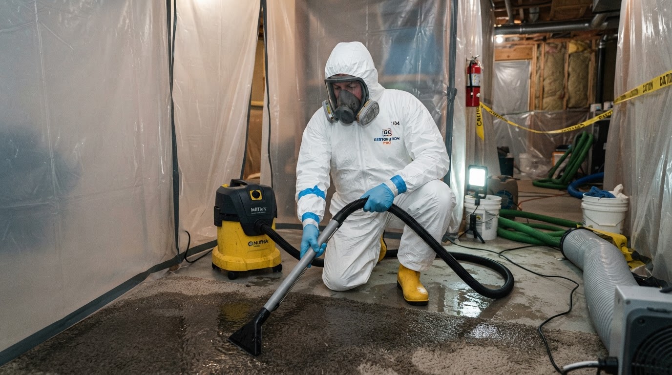 Restoration technician assessing fire and smoke damage inside a Gastonia-area home