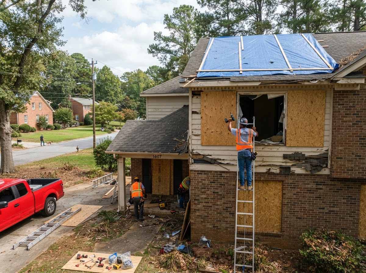 Contractor boarding up storm-damaged windows on a Charlotte-area home