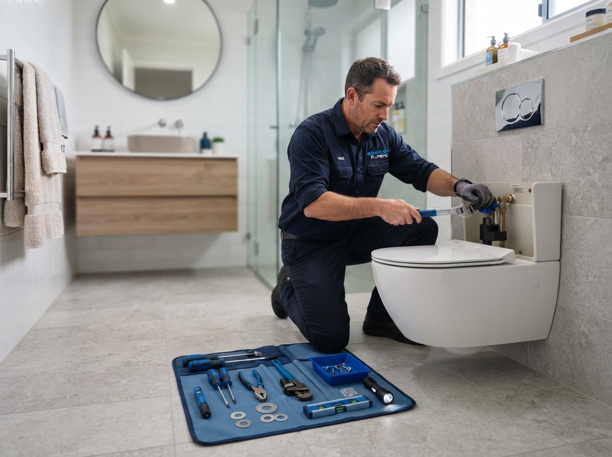 Toilet Repair example — Running, leaking, or clogged toilets fixed fast. New toilet installation with low-flow, water-saving options.