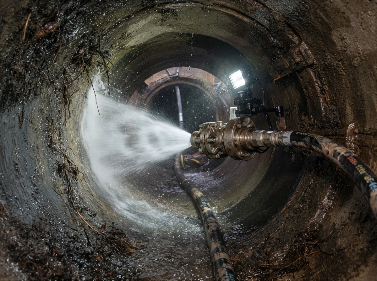Hydro Jetting example — High-pressure water jetting blasts grease, scale, and roots from your pipes — leaving them like new.