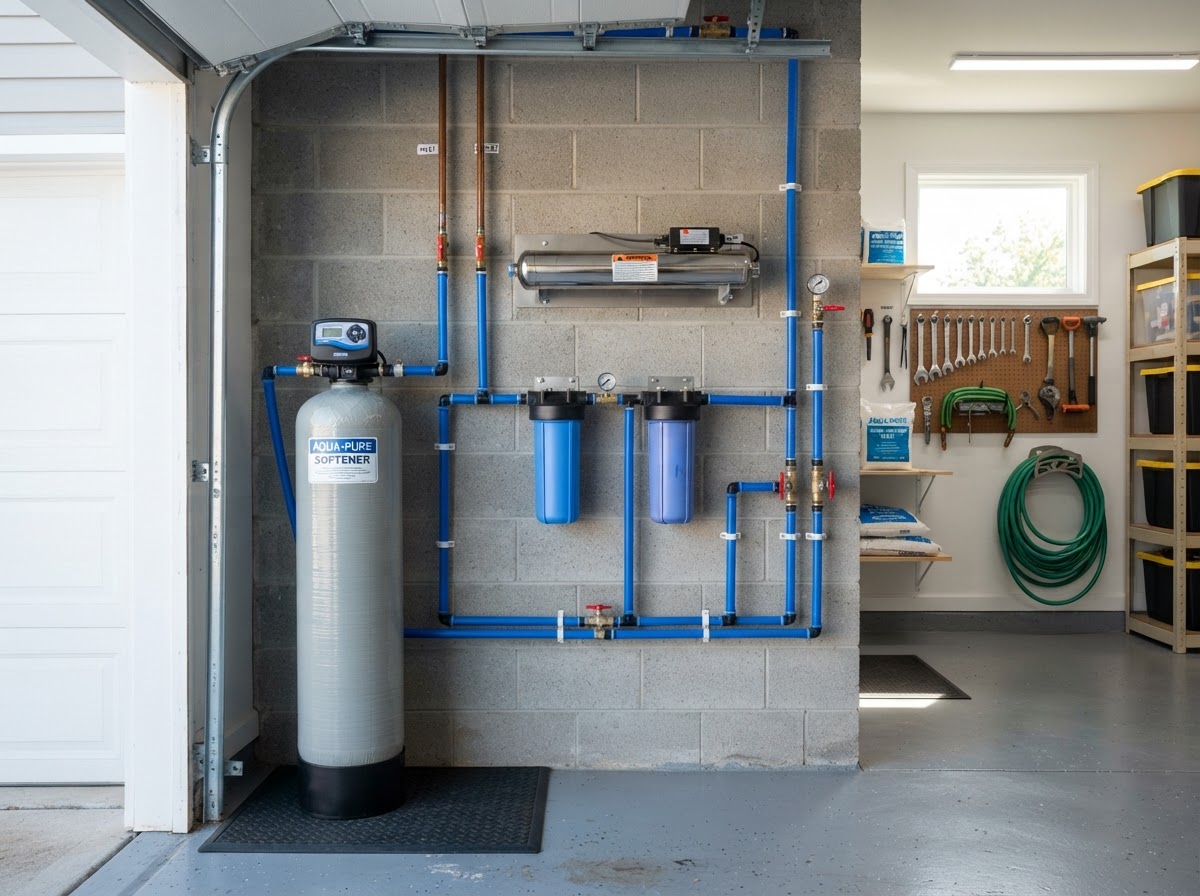 Water Filtration example — Whole-home filtration and water softeners for cleaner, better-tasting water and scale-free fixtures.