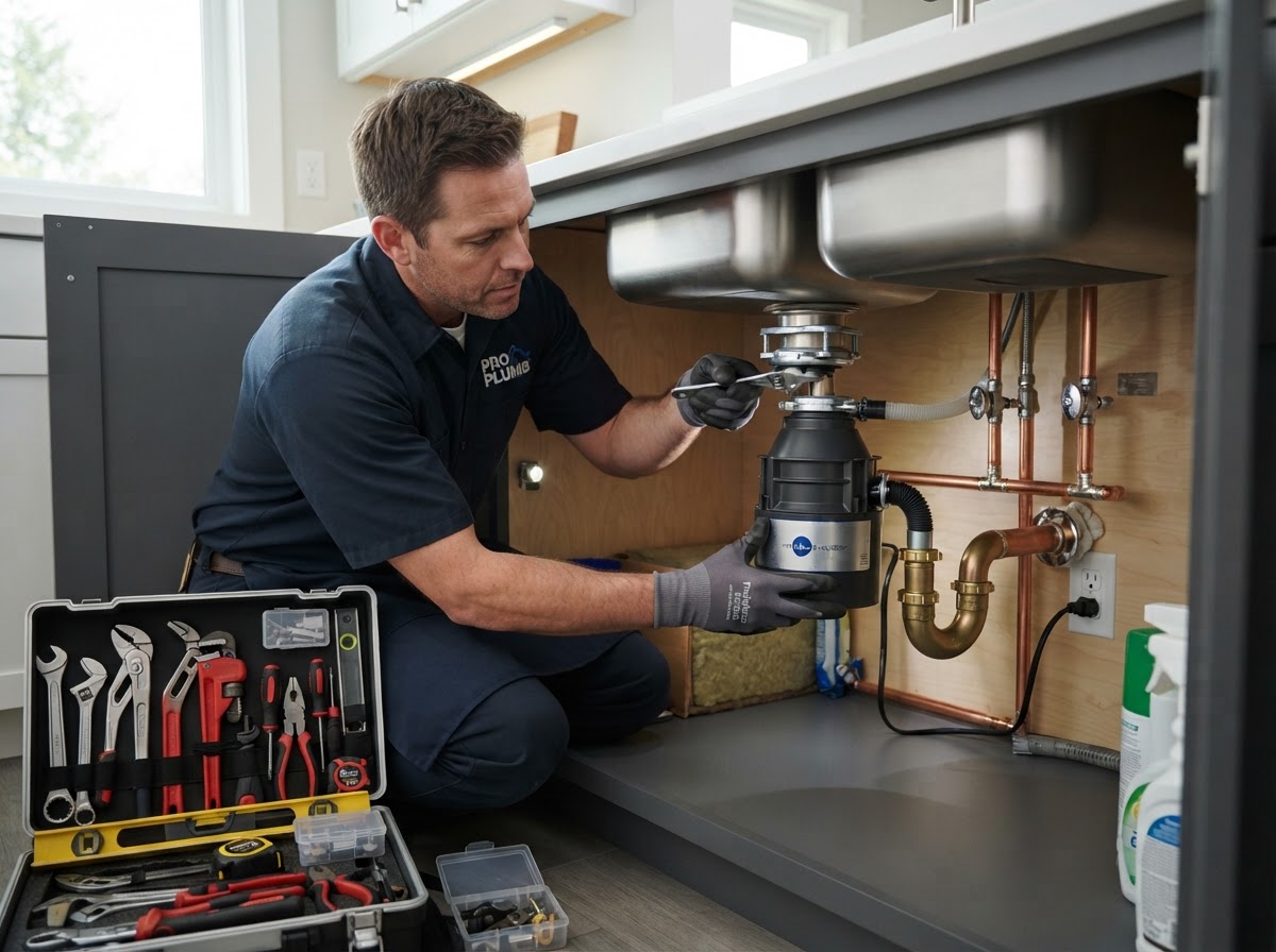Garbage Disposal example — Jamming, humming, or leaking disposals repaired or replaced same-day with quality units.
