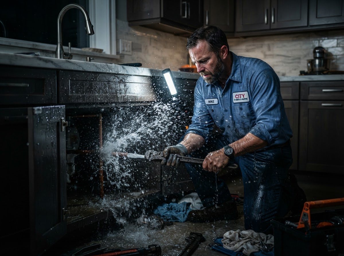 Emergency Plumbing example — Burst pipes, flooding, or no water? Our 24/7 emergency plumbers arrive within the hour to stop the damage.