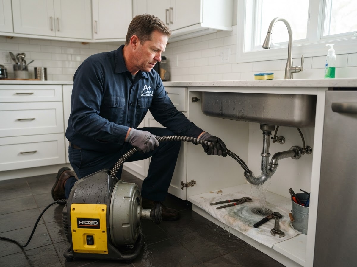 Drain Cleaning example — Slow or clogged drains cleared fast. Kitchen, bathroom, and main line blockages — cleared the same day.