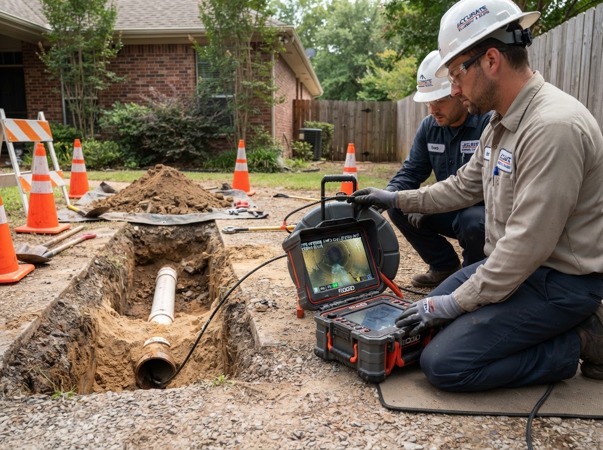 Sewer Repair example — Sewer backups and broken lines diagnosed and repaired — including trenchless options that skip the digging.