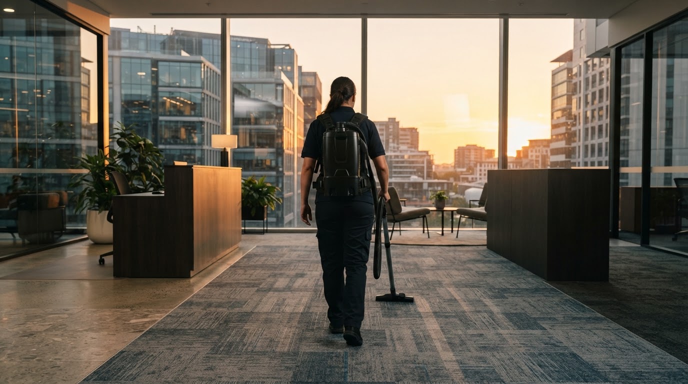 Professional commercial cleaner vacuuming a modern office reception in Point Frederick