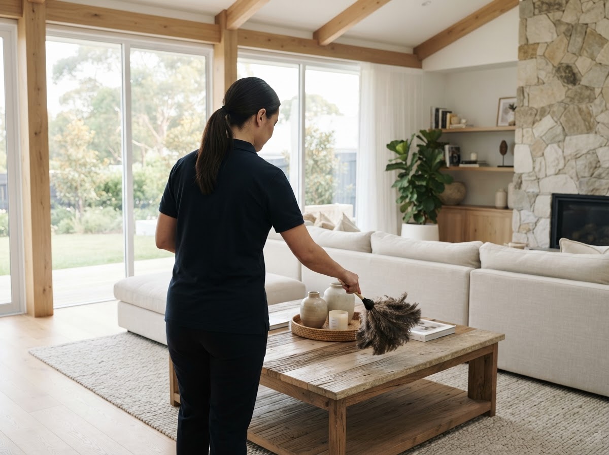 A professional cleaner wiping a residential living room surface in Point Frederick