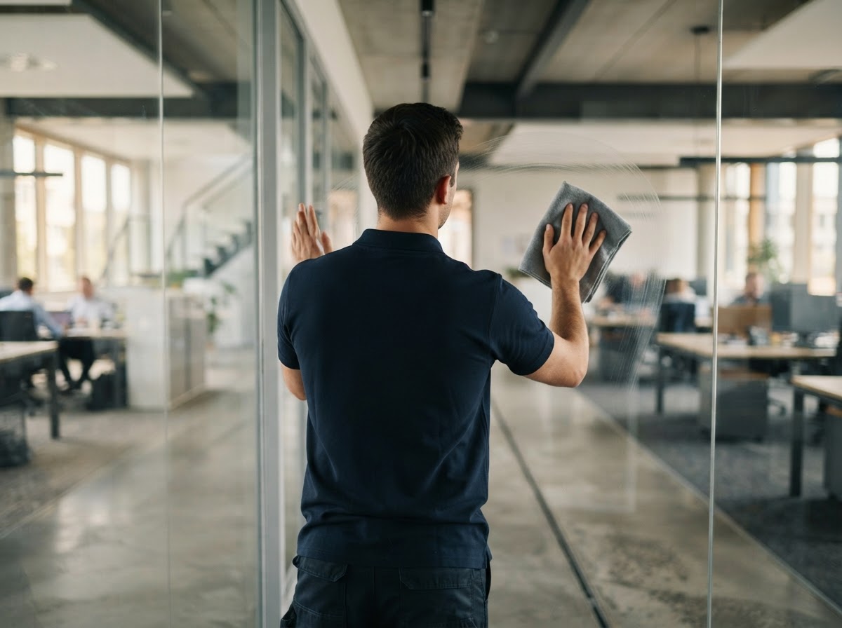 A professional cleaner in navy workwear wiping a glass partition with a colour-coded cloth