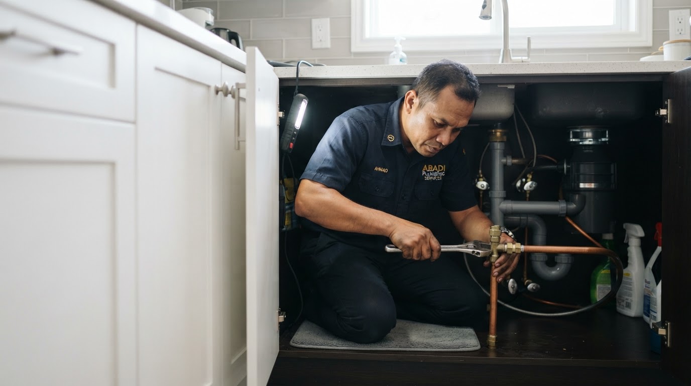 Plumber repairing a copper pipe under a kitchen sink in an Ipoh home