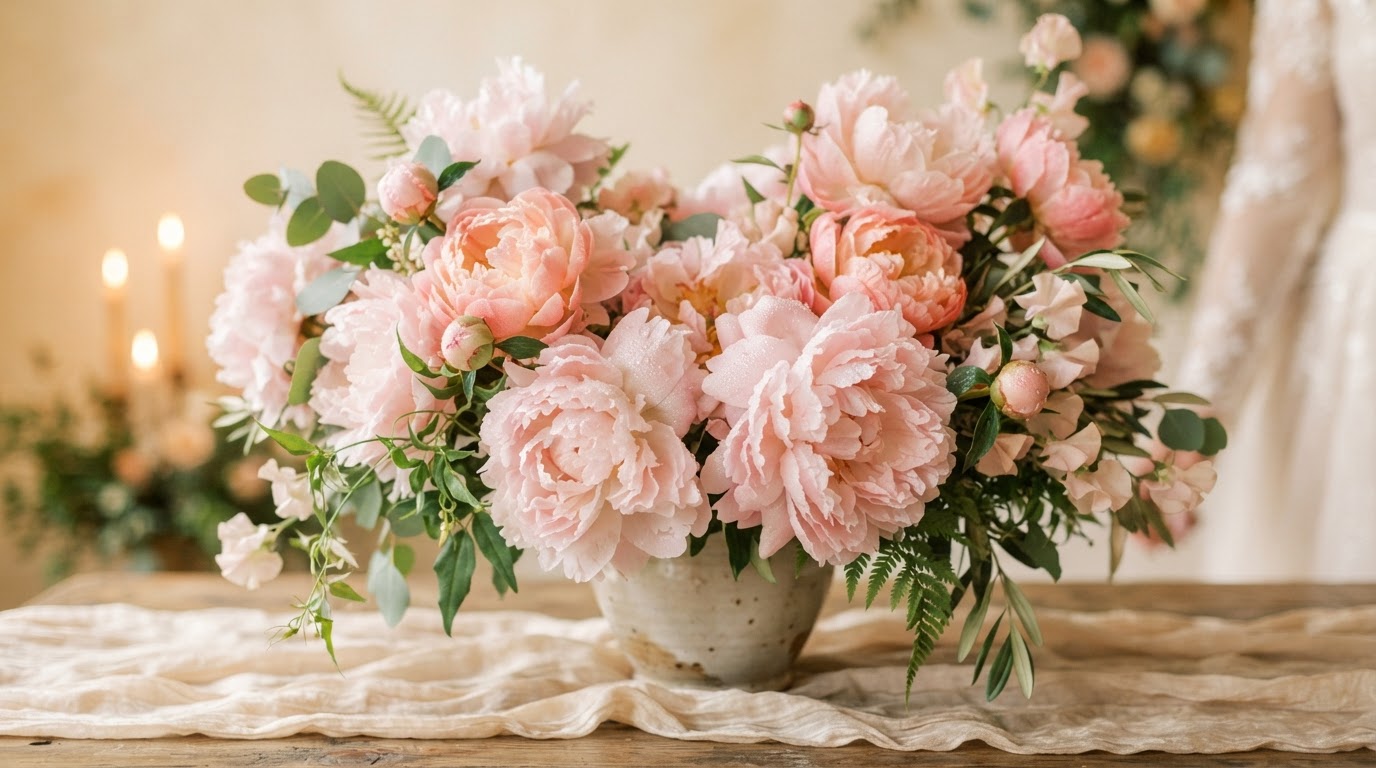 Soft pink peony flowers in full bloom