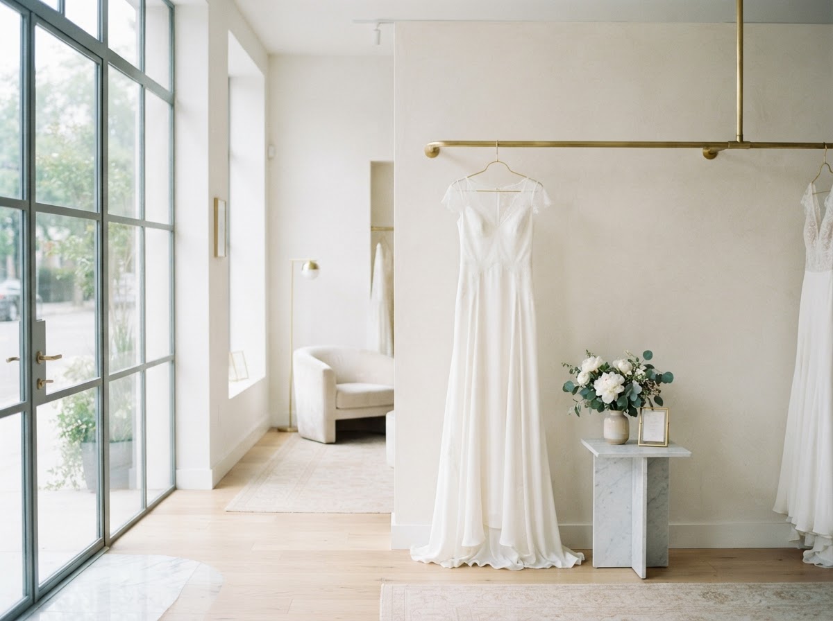 Elegant modern white bridal boutique interior with a flowing white gown on a brass rail