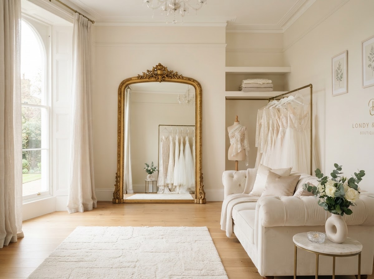 Elegant white bridal fitting suite interior with cream sofa and gold mirror