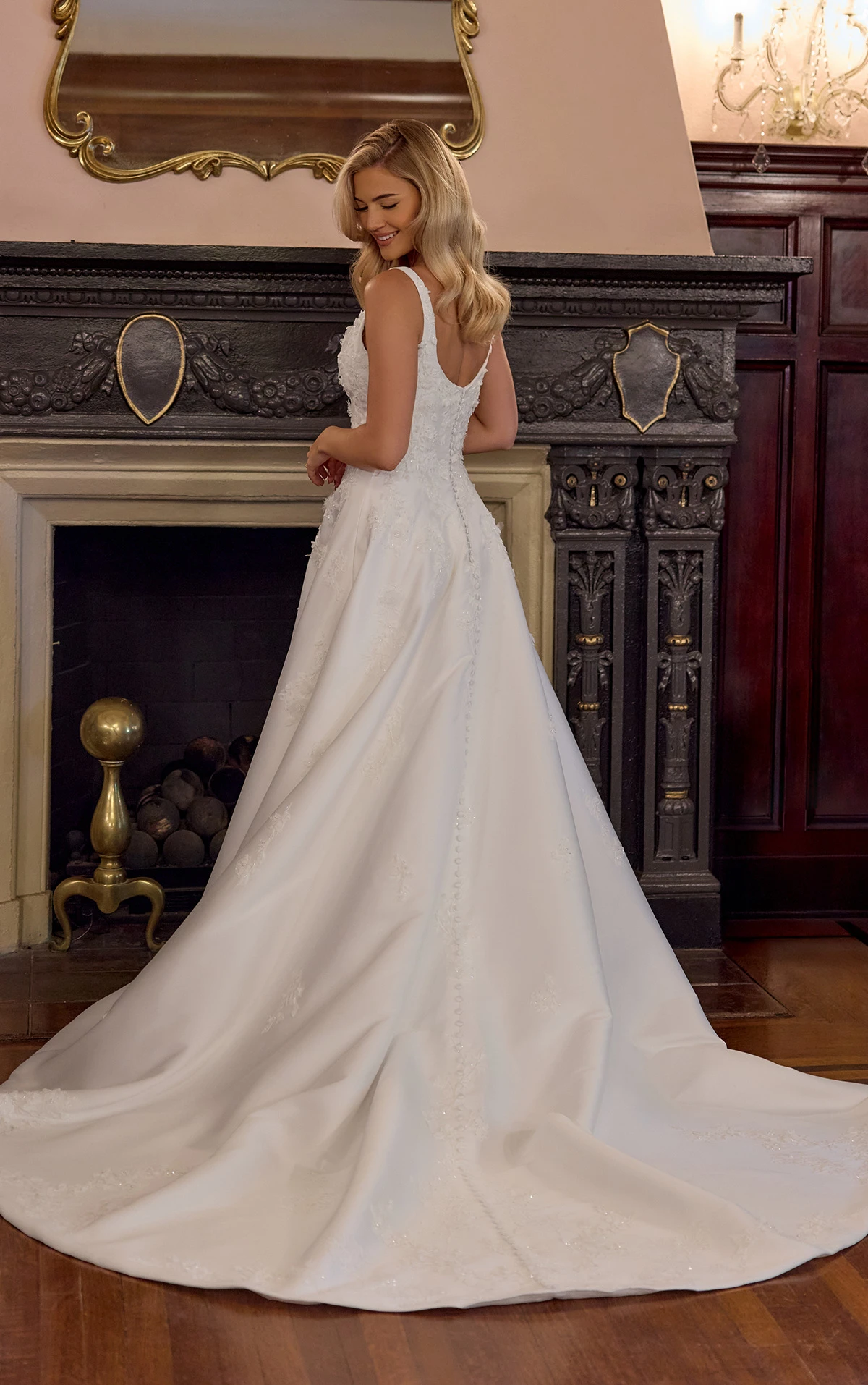 Essense of Australia - Low Scoop Back Satin Ballgown with Pearl Button Cathedral Train