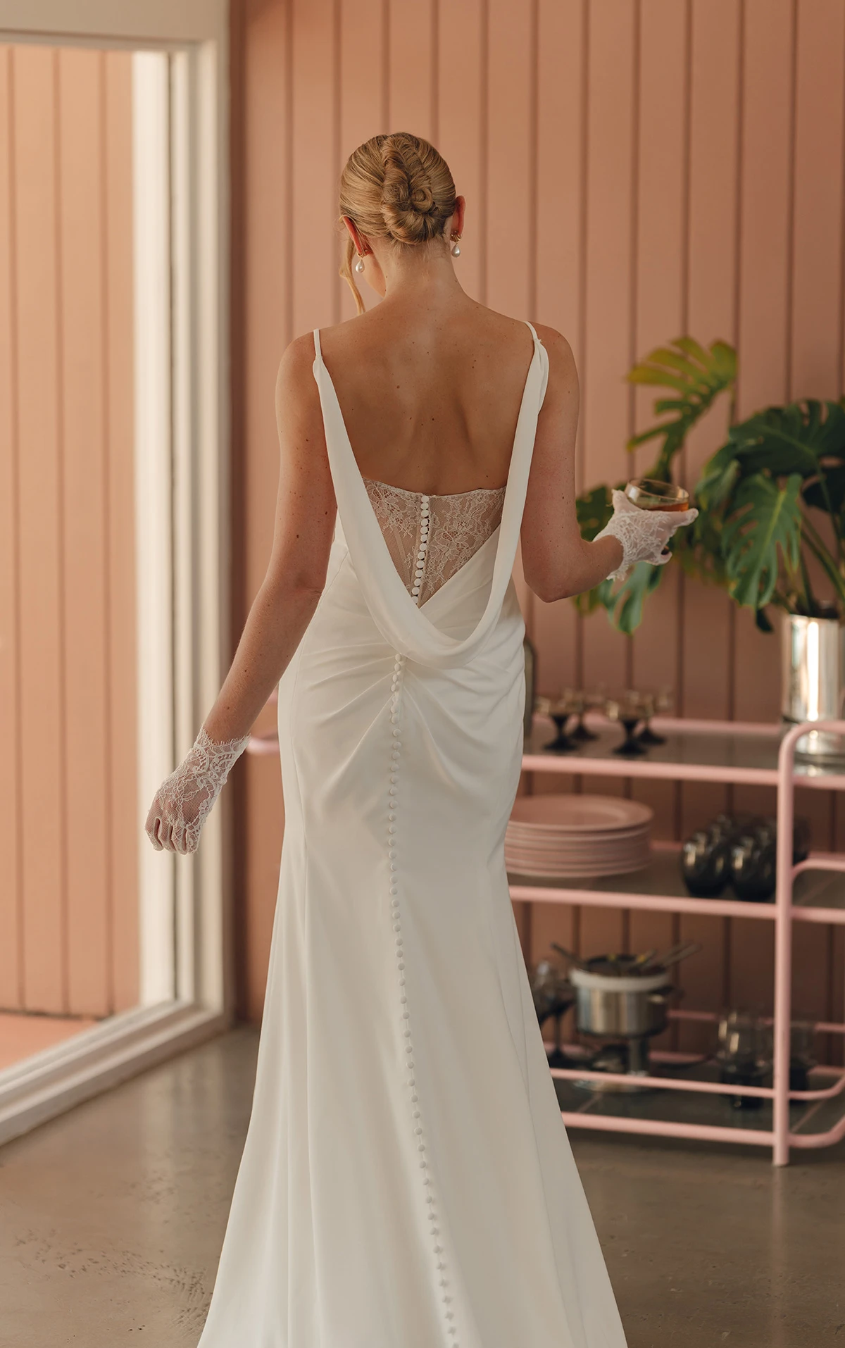 Stella York - Draped Cowl Back with Sheer Chantilly Lace Insert