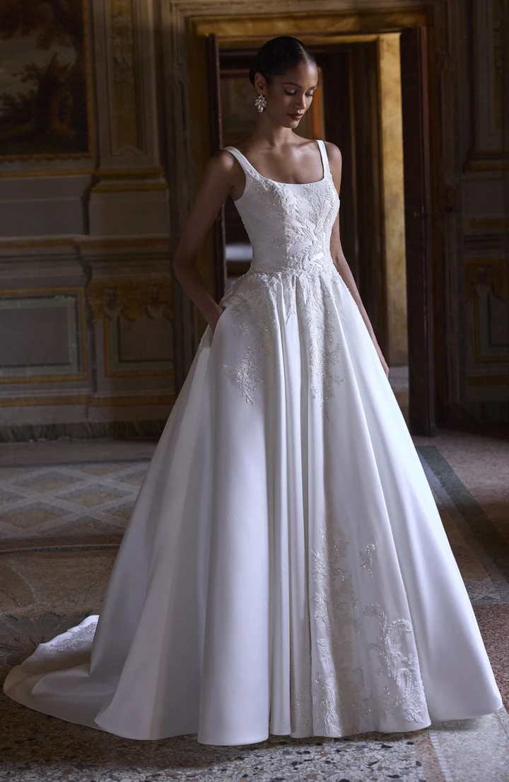 Veni Infantino - Square-Neck Embroidered Mikado Gown with Pockets