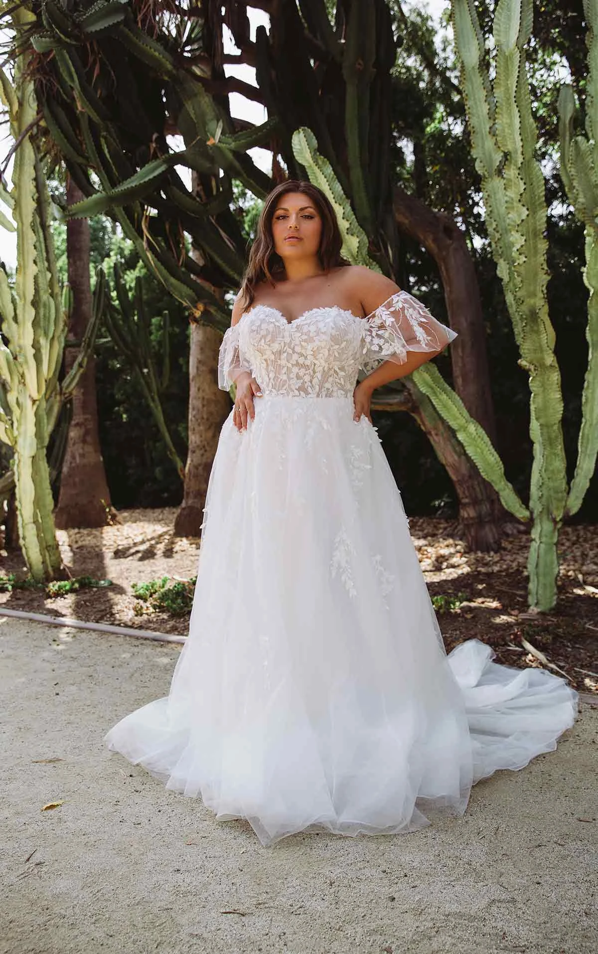 Off-the-Shoulder Botanical Lace & Flutter Sleeve A-Line