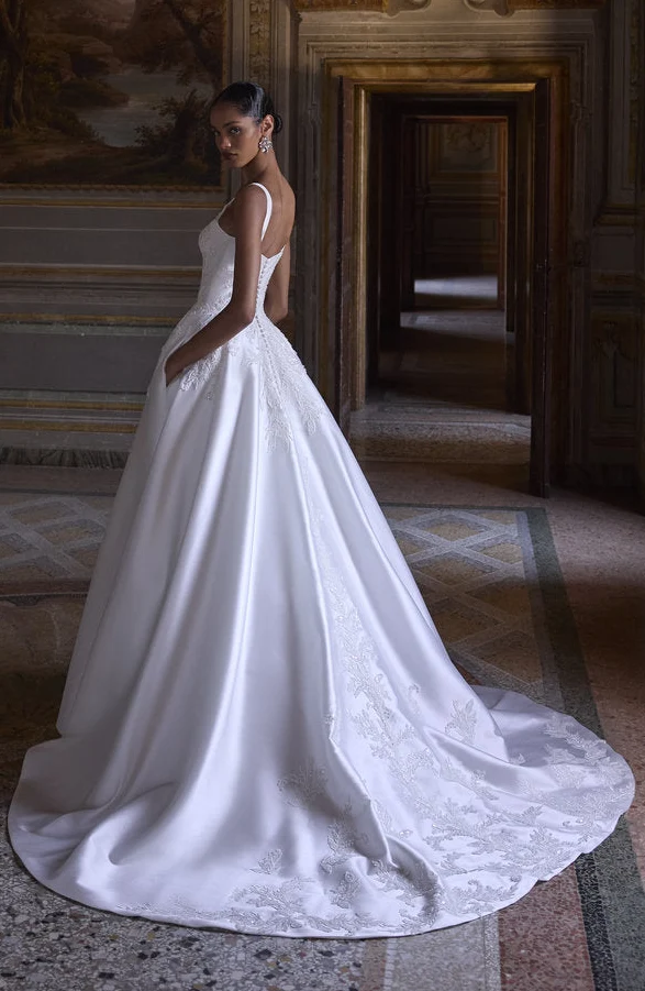 Veni Infantino - Royal Satin Ballgown with Embroidered Vine Train