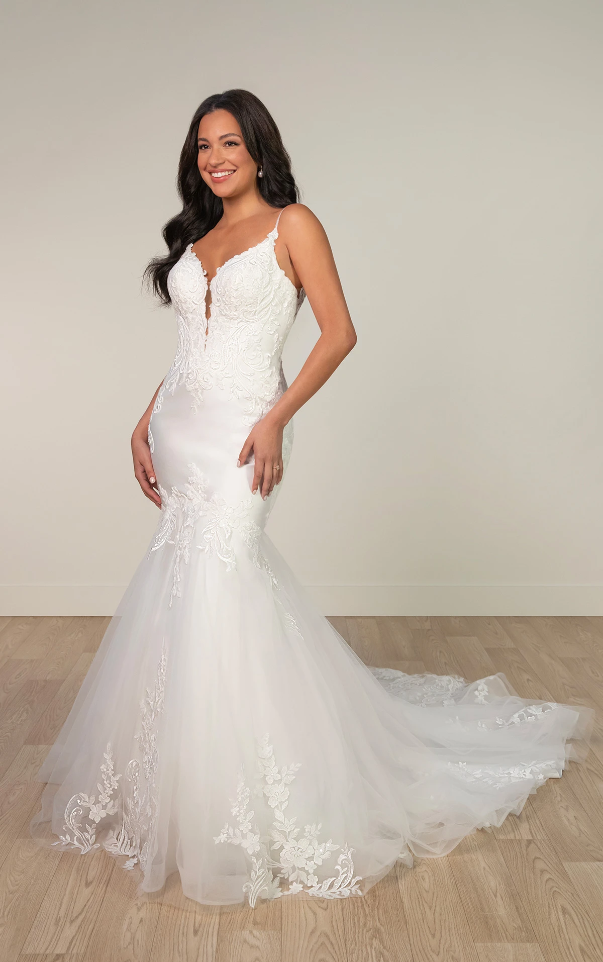 Plunging Illusion Lace & Satin Mermaid Gown