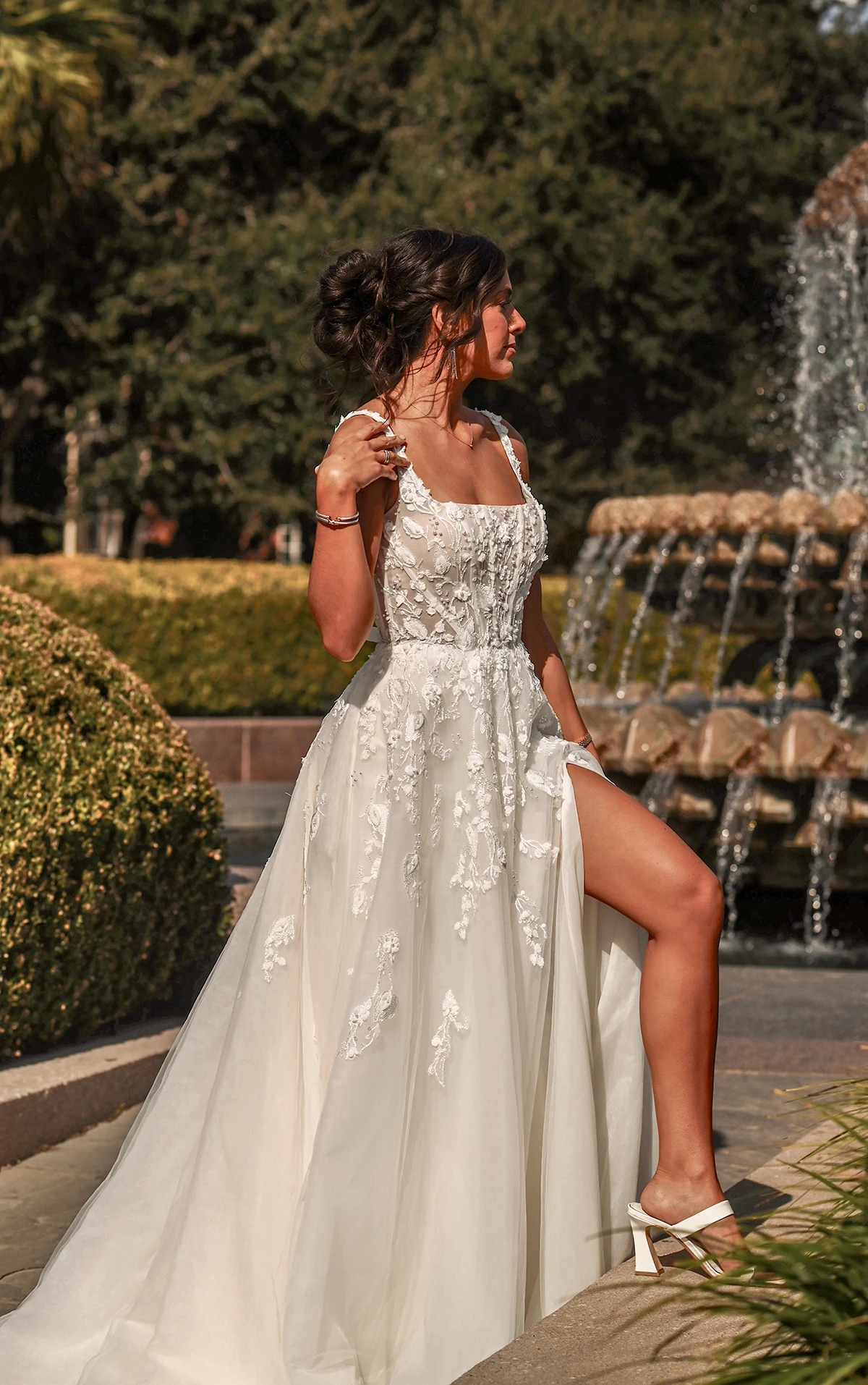 Square-Neck Botanical Lace Ballgown with Confident Side Slit