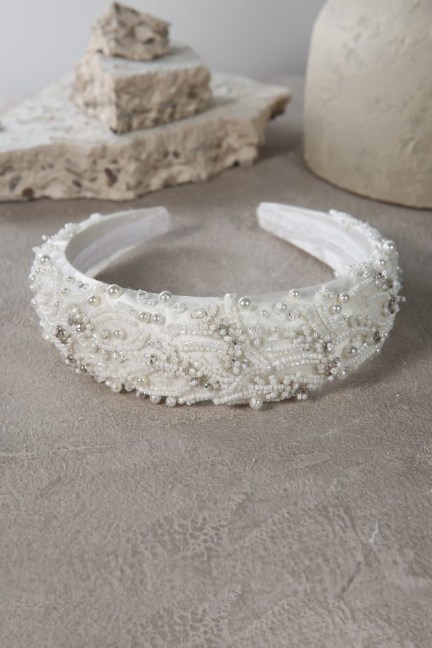Hand-Beaded Pearl Padded Headband