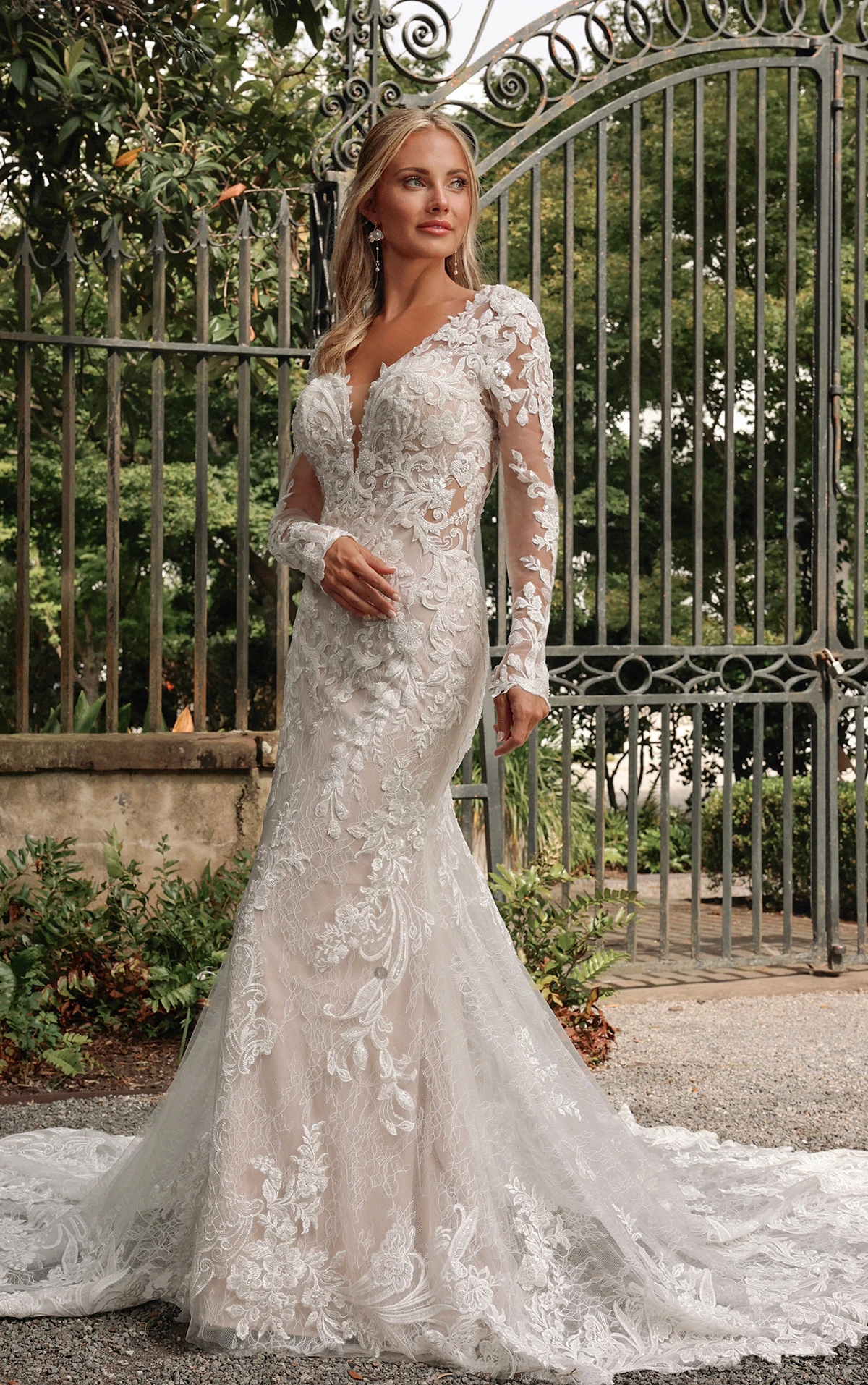 Essense of Australia - Long-Sleeve Illusion Lace Trumpet Gown