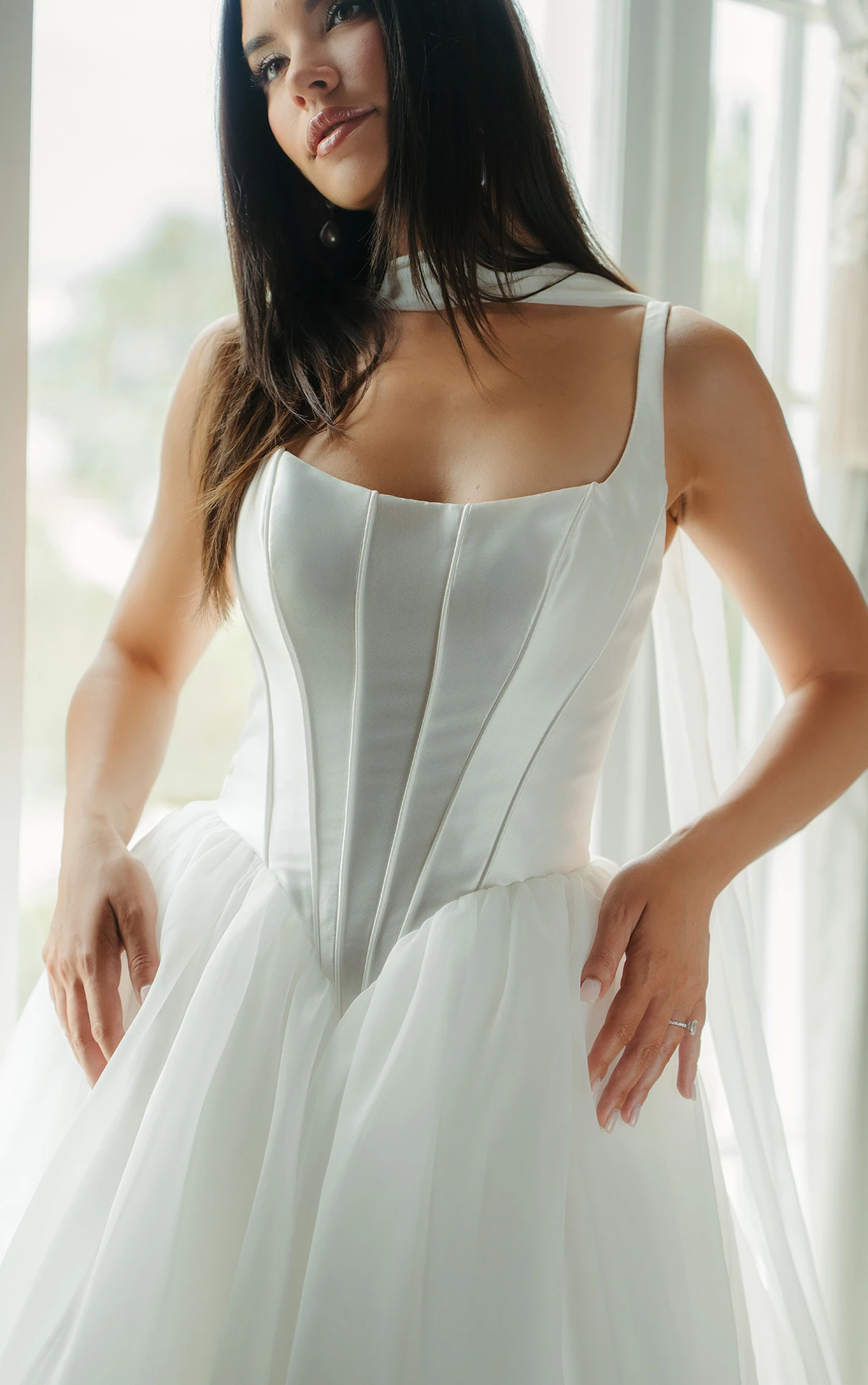 Stella York - Structured Basque Corset Bodice with Silk Collar Accent