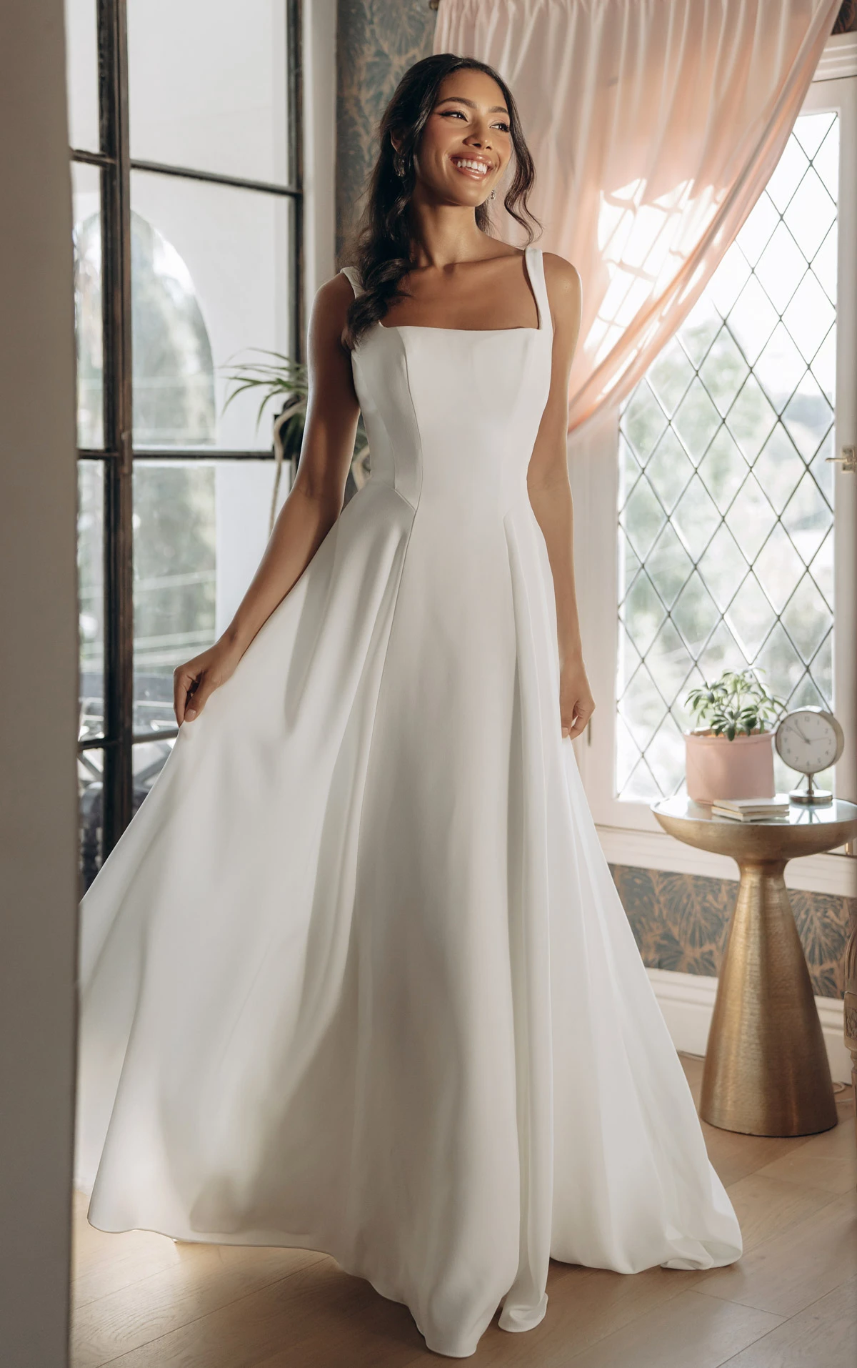 Bride wearing radiant white clean square neck satin A-line gown at Diane Honeyman Ayr