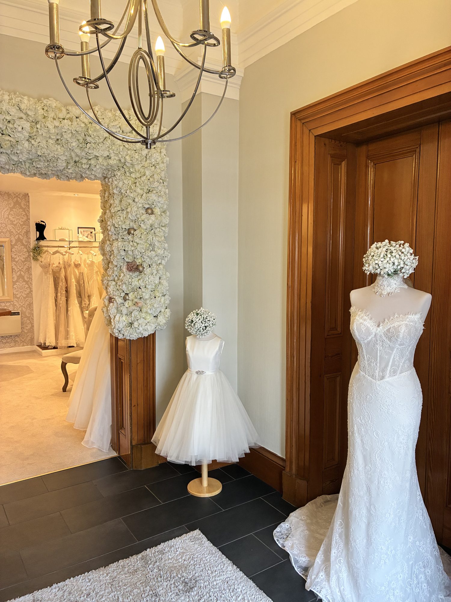 Diane Honeyman Bridal Boutique floral arch entrance in Ayr