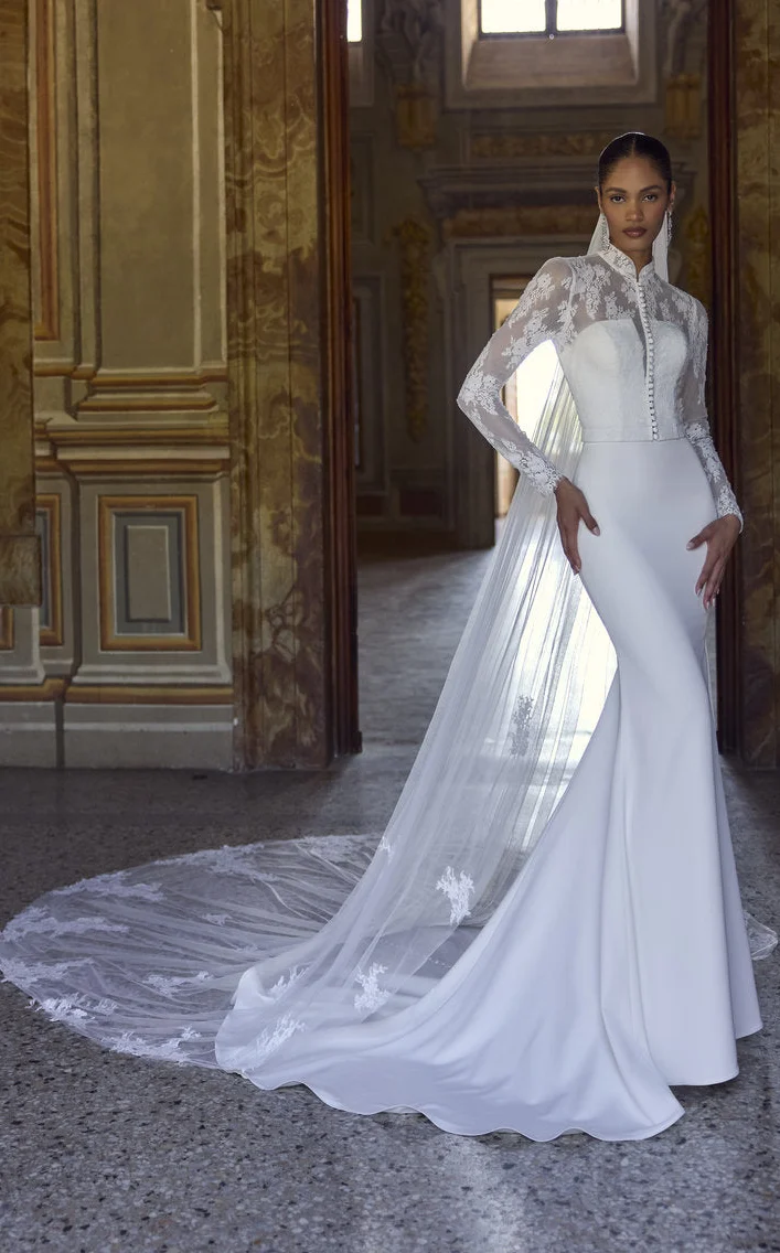 High-Neck Lace Illusion Sheath & Veil