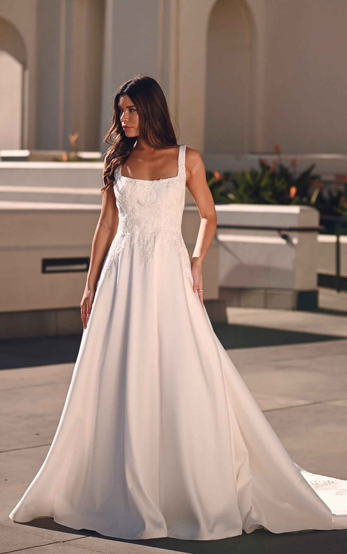 Stella York - Square-Neck Embroidered Bodice Satin A-Line