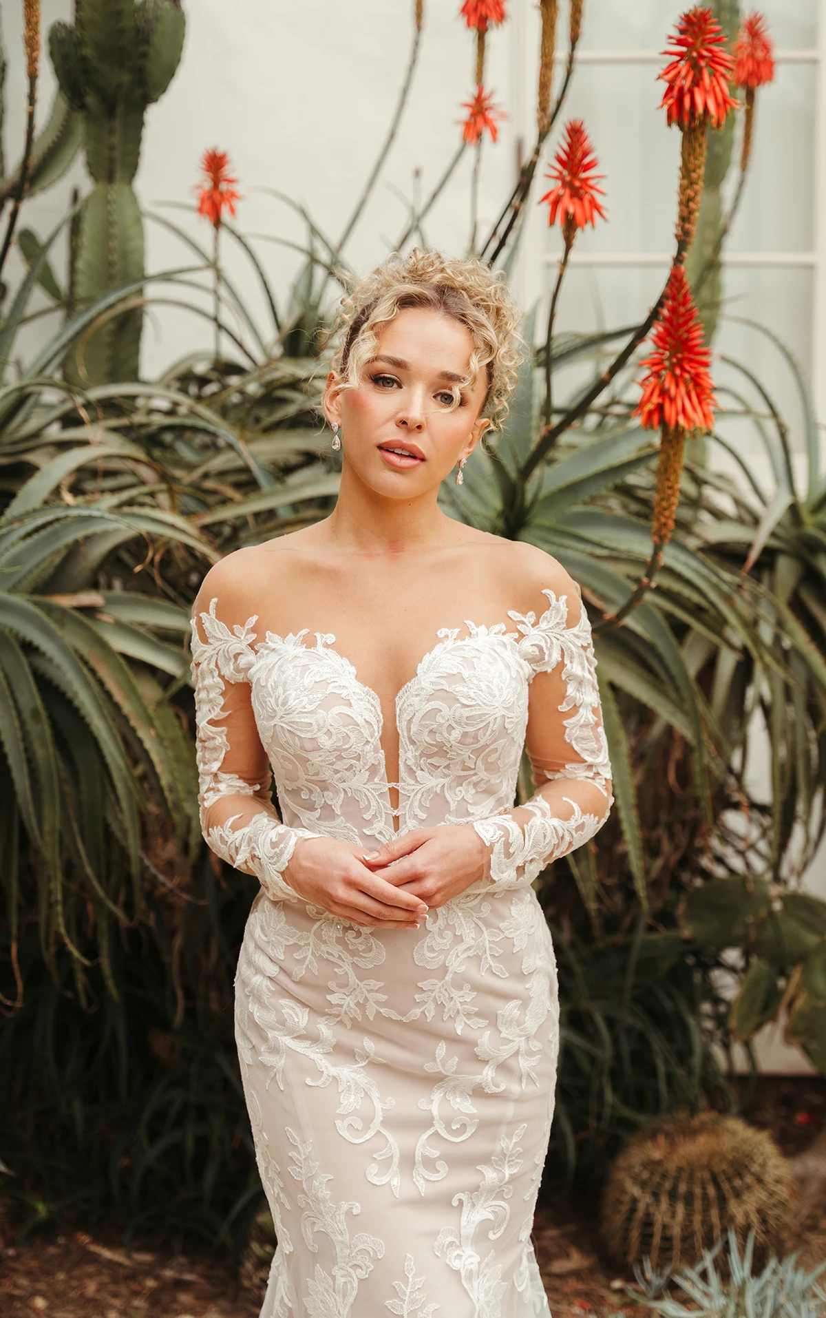 Stella York - Off-the-Shoulder Long Sleeve Botanical Lace Gown