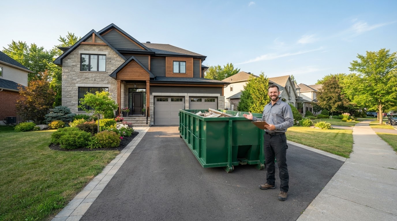 Roll-off dumpster in a residential driveway with a contractor