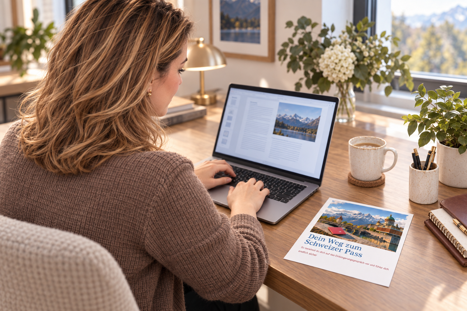 E-Book „Schweizer Pass“ am Arbeitsplatz mit Laptop und ausgedrucktem Exemplar