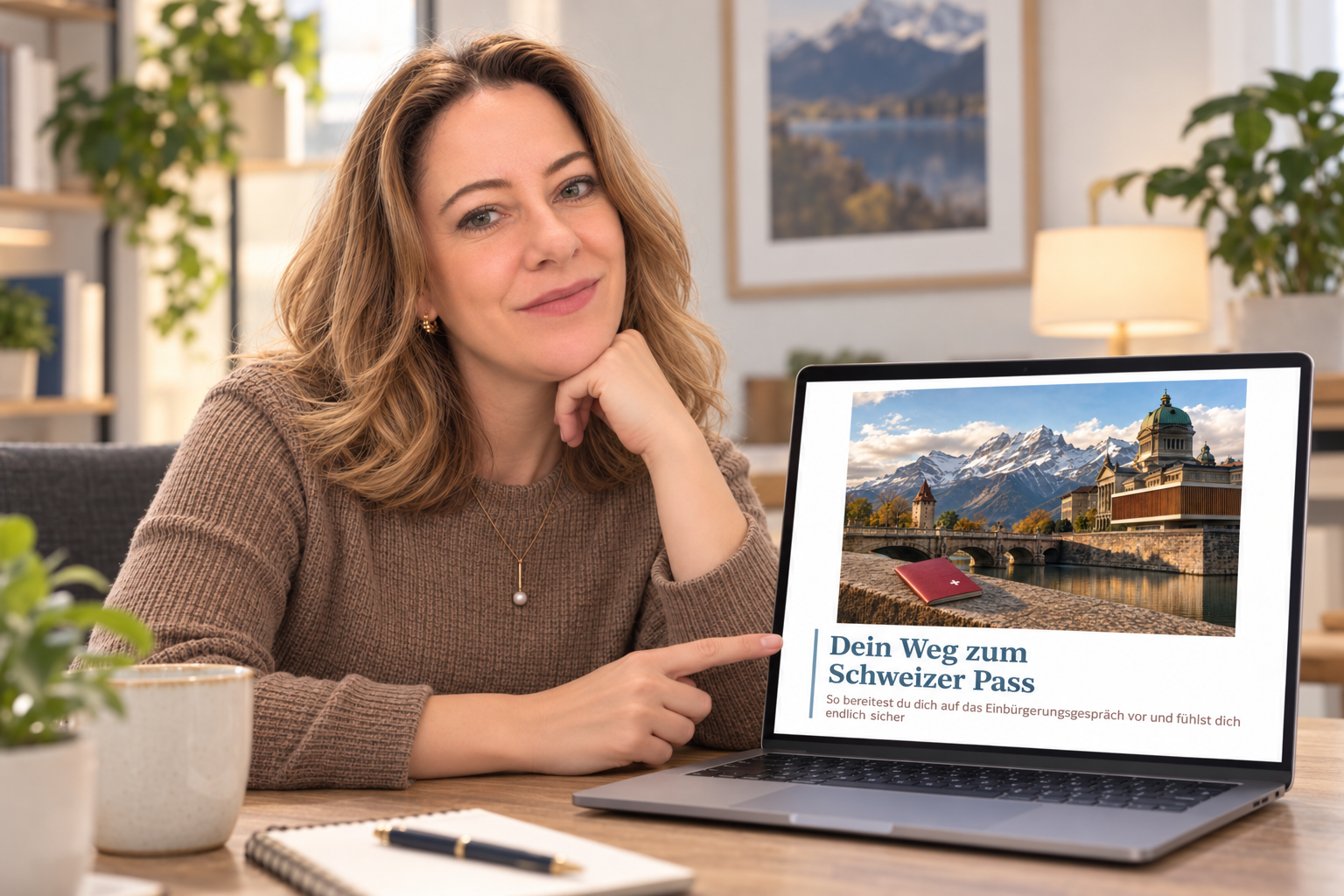 Maresa zeigt das E-Book „Dein Weg zum Schweizer Pass“ auf dem Laptop