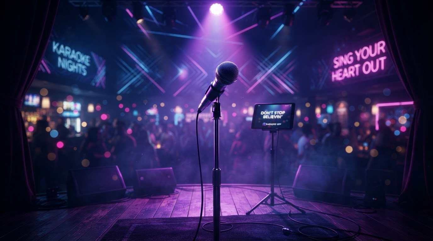 Dimly lit karaoke stage with a microphone under neon spotlights