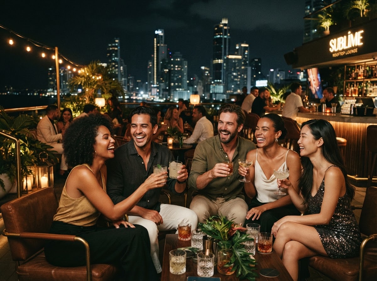 Friends laughing and socializing on a Panama City rooftop