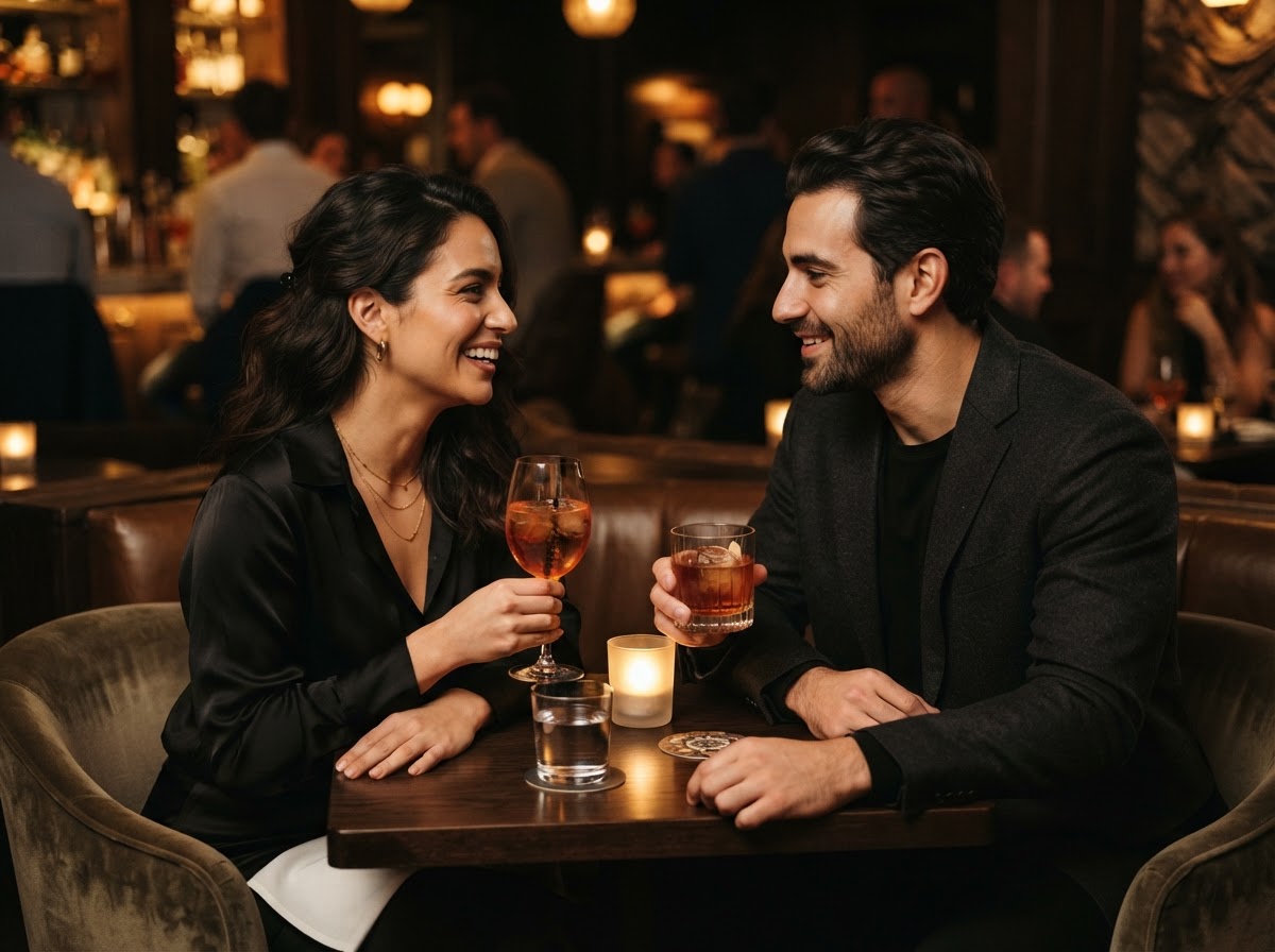 Two people in conversation across a lounge table
