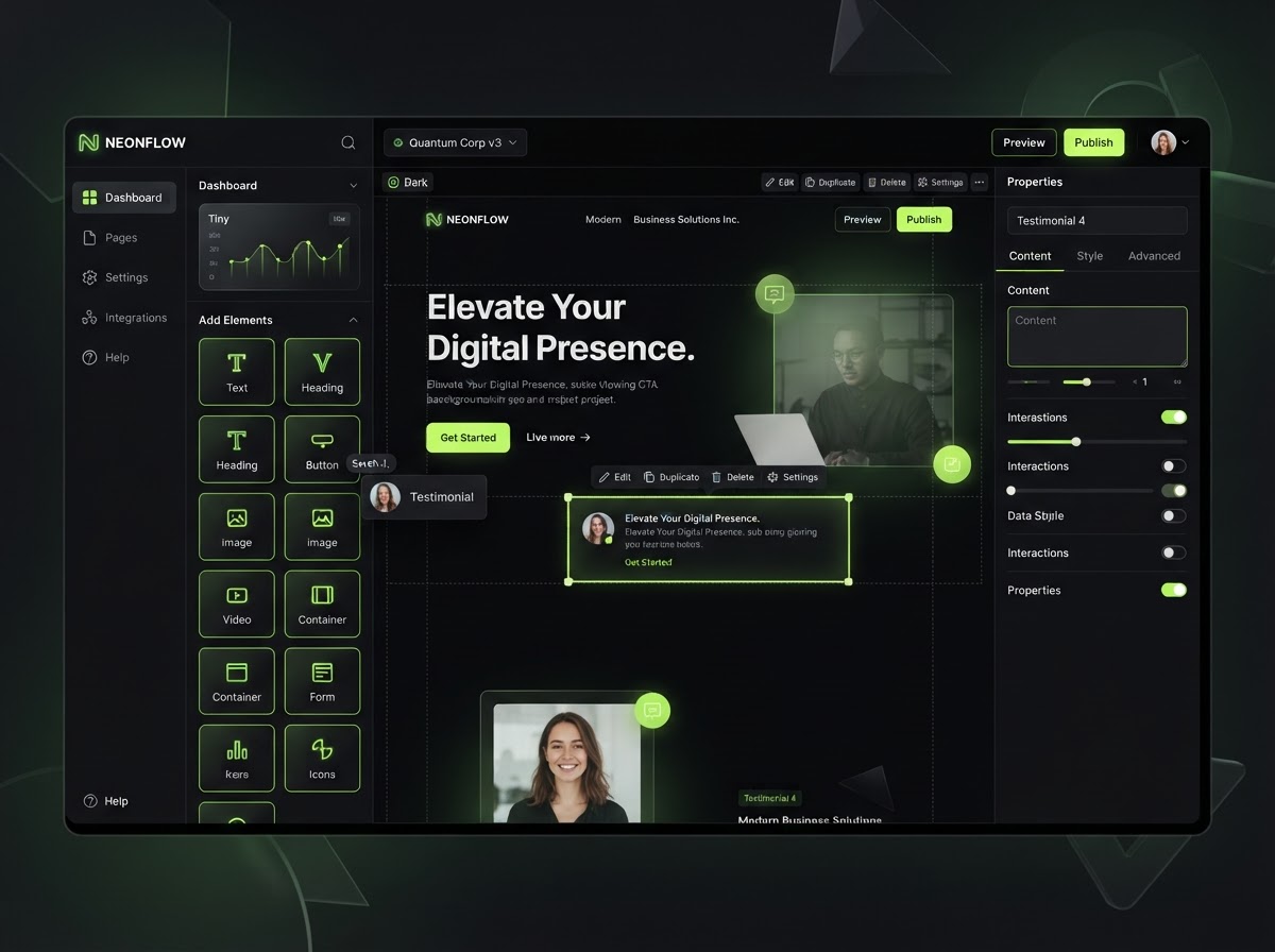 Drag-and-drop website builder dashboard with live preview