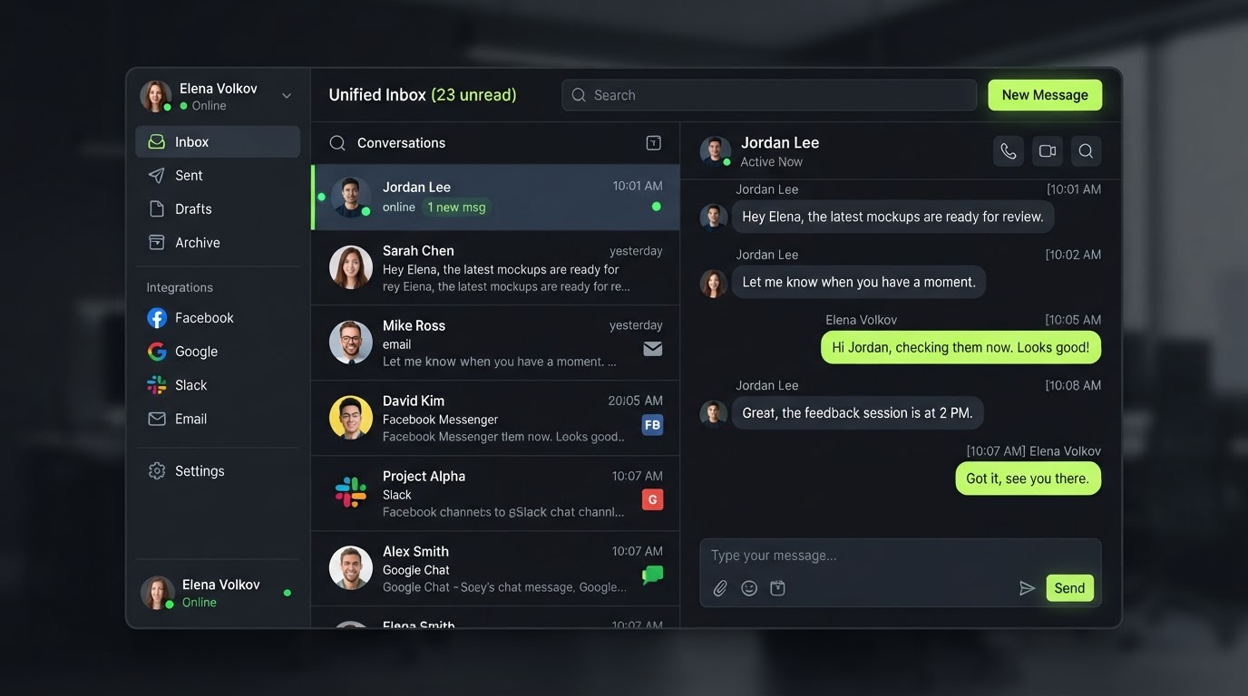 Unified messaging inbox across text, Facebook and Google
