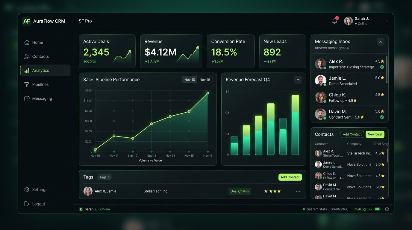 Emerald Lab CRM dashboard showing analytics, messaging and reviews