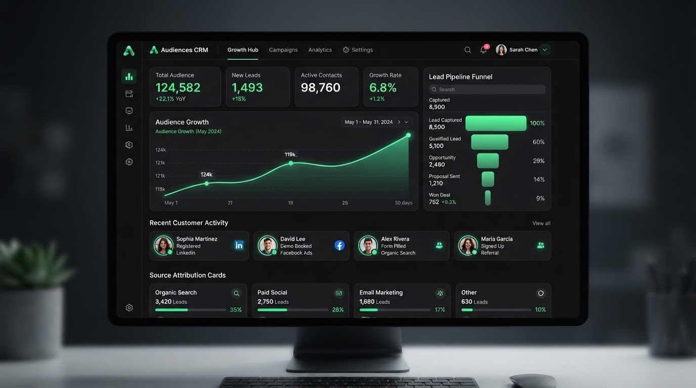CRM audience growth dashboard with lead pipeline and growth charts